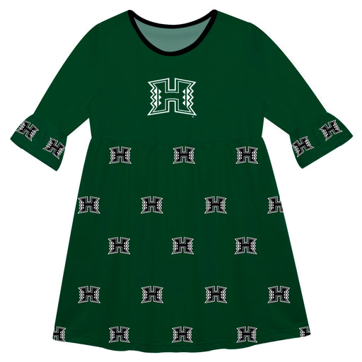Hawaii Warriors Vive La Fete Girls Game Day 3/4 Sleeve Solid Green All Over Logo on Skirt