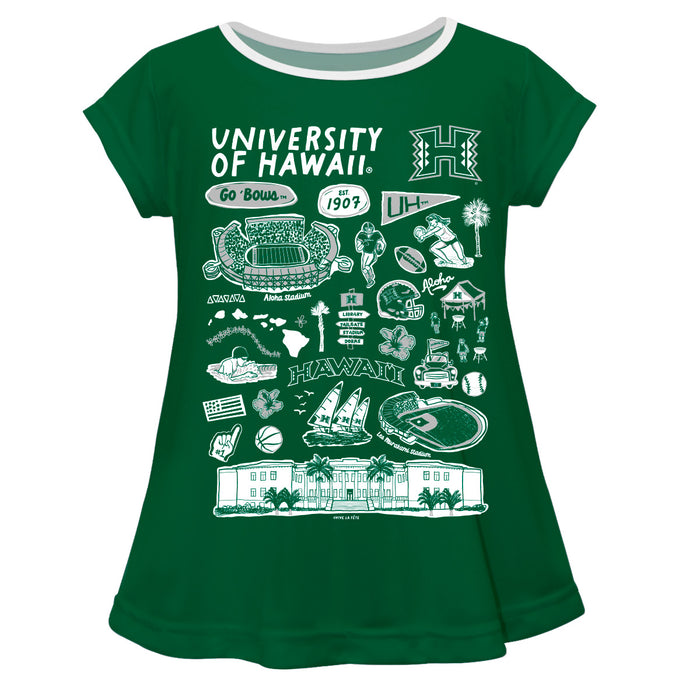 Hawaii Rainbow Warriors Hand Sketched Vive La Fete Impressions Artwork Green Short Sleeve Top