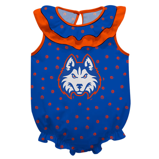 HCU Houston Christian Huskies Swirls Blue Sleeveless Ruffle Onesie Logo Bodysuit