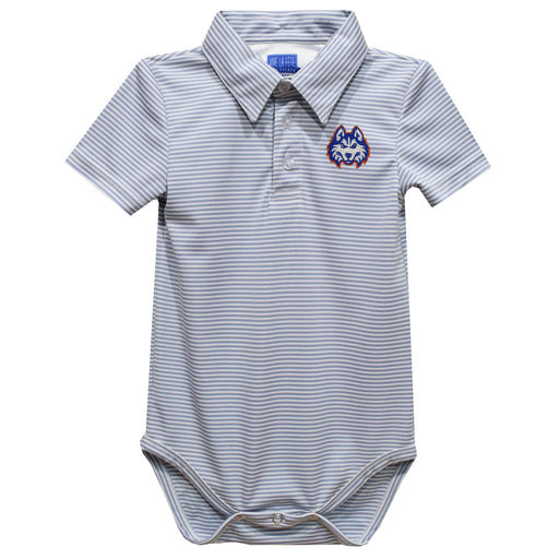 HCU Houston Christian Huskies Embroidered Gray Stripe Knit Boys Polo Bodysuit