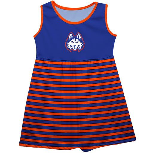 HCU Houston Christian Huskies Vive La Fete Girls Game Day Sleeveless Tank Dress Solid Blue Logo Stripes on Skirt