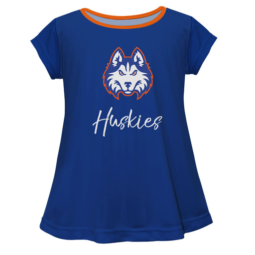 HCU Houston Christian Huskies Vive La Fete Girls Game Day Short Sleeve Blue Top with School Logo and Name