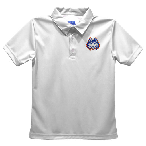 HCU Houston Christian Huskies Embroidered White Short Sleeve Polo Box Shirt