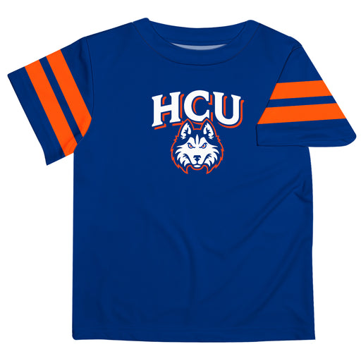 HCU Houston Christian Huskies Vive La Fete Boys Game Day Blue Short Sleeve Tee with Stripes on Sleeves