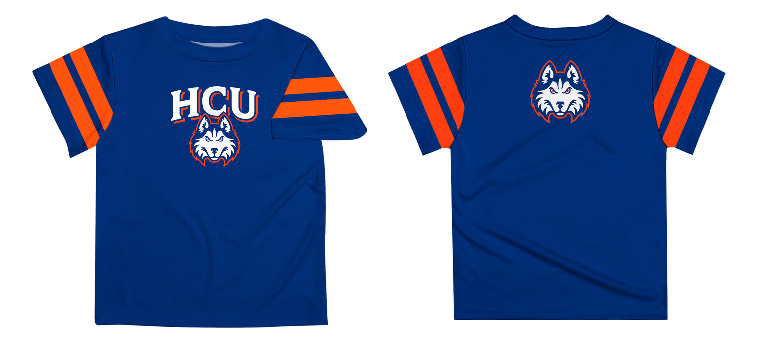 HCU Houston Christian Huskies Vive La Fete Boys Game Day Blue Short Sleeve Tee with Stripes on Sleeves - Vive La Fête - Online Apparel Store