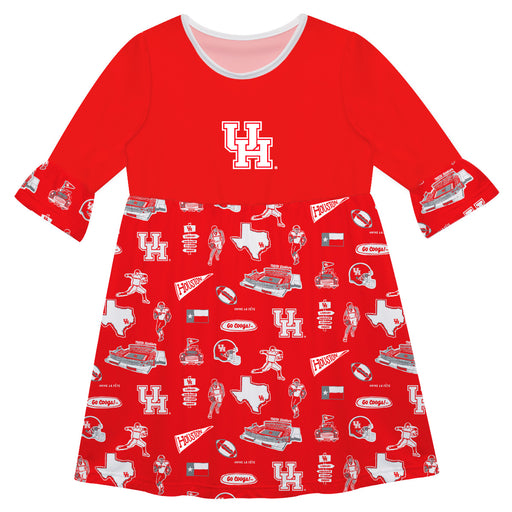 University of Houston Cougars 3/4 Sleeve Solid Red Repeat Print Hand Sketched Vive La Fete Impressions Artwork on Skirt