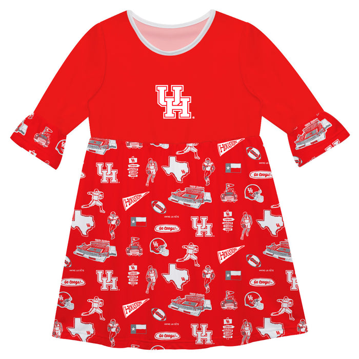 University of Houston Cougars 3/4 Sleeve Solid Red Repeat Print Hand Sketched Vive La Fete Impressions Artwork on Skirt