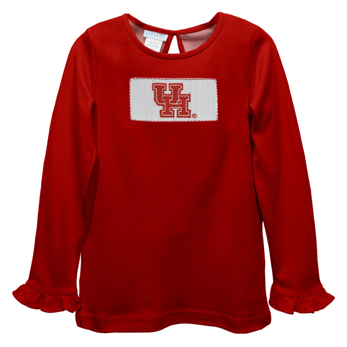 University of Houston Cougars Smocked Red Knit Ruffle Long Sleeve Girls Tshirt