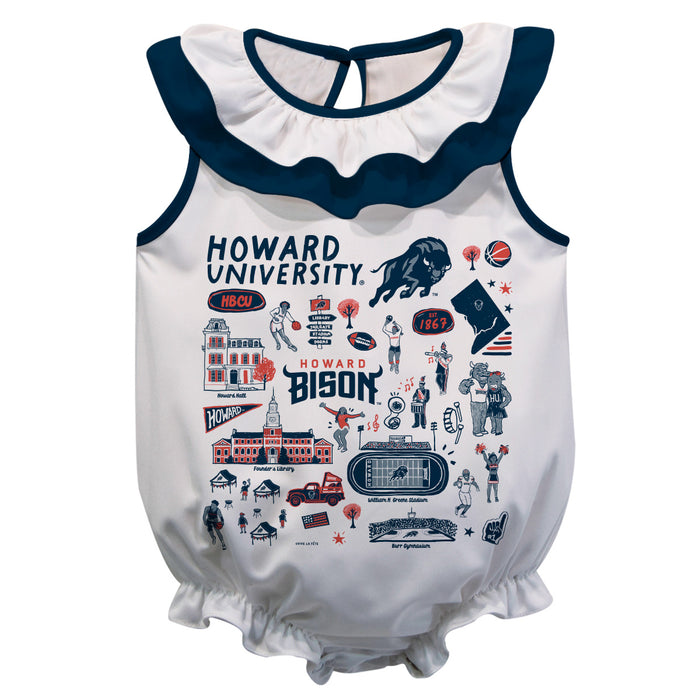 Howard University Bison  White Hand Sketched Vive La Fete Impressions Artwork Sleeveless Ruffle Onesie Bodysuit