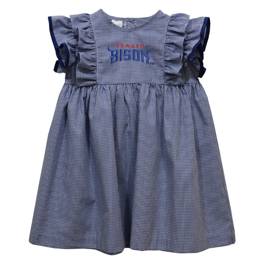 Howard University Bison Embroidered Navy Gingham Ruffle Dress