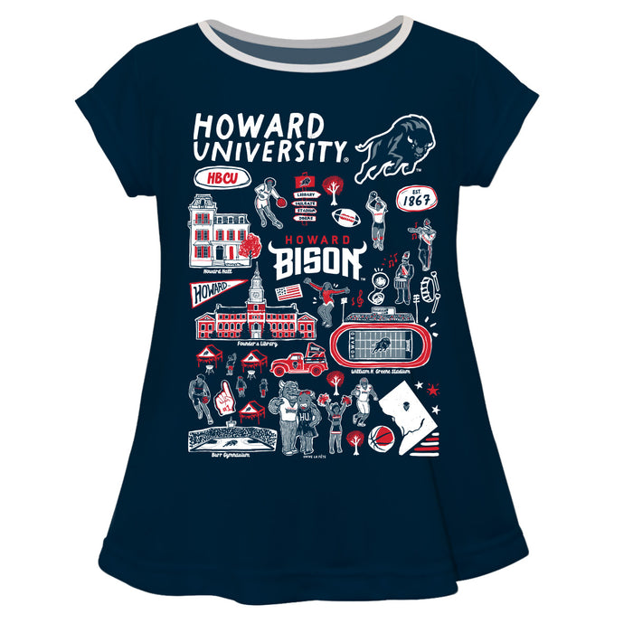Howard University Bison Hand Sketched Vive La Fete Impressions Artwork Blue Short Sleeve Top