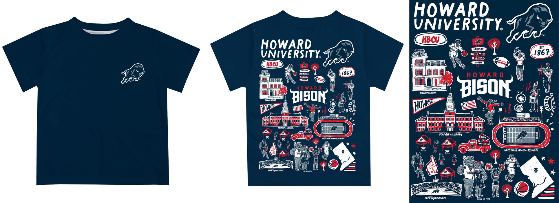 Howard University Bison Hand Sketched Vive La Fete Impressions Artwork Boys Blue Short Sleeve Tee Shirt - Vive La Fête - Online Apparel Store