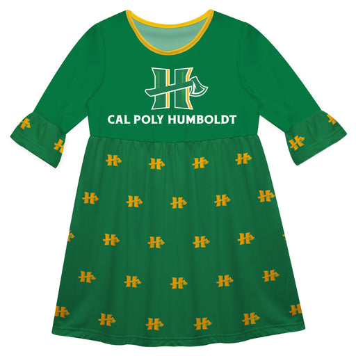 Cal Poly Humboldt Lumberjacks Vive La Fete Girls Game Day 3/4 Sleeve Solid Green All Over Logo on Skirt