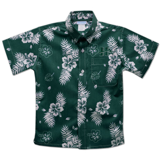 Cal Poly Humboldt Lumberjacks Hunter Green Hawaiian Short Sleeve Button Down Shirt