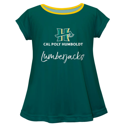 Cal Poly Humboldt Lumberjacks Vive La Fete Girls Game Day Short Sleeve Green Top with School Logo and Name