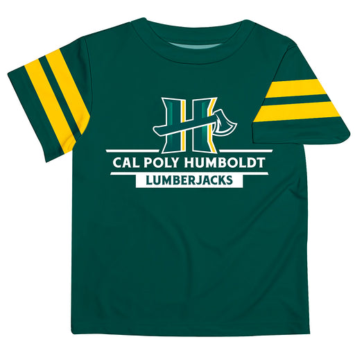 Cal Poly Humboldt Lumberjacks Vive La Fete Boys Game Day Green Short Sleeve Tee with Stripes on Sleeves