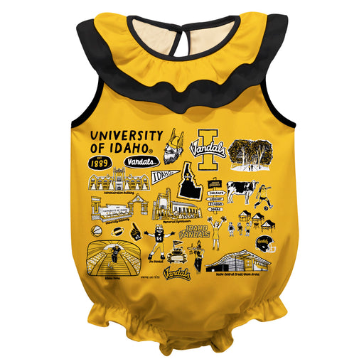 Idaho Vandals Yellow Hand Sketched Vive La Fete Impressions Artwork Sleeveless Ruffle Onesie Bodysuit