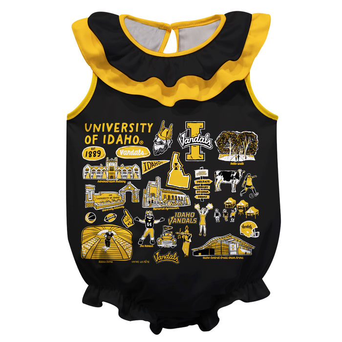 Idaho Vandals Black Hand Sketched Vive La Fete Impressions Artwork Sleeveless Ruffle Onesie Bodysuit