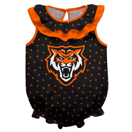 Idaho State Bengals Swirls Black Sleeveless Ruffle Onesie Logo Bodysuit