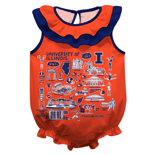Illinois Fighting Illini  Orange Hand Sketched Vive La Fete Impressions Artwork Sleeveless Ruffle Onesie Bodysuit