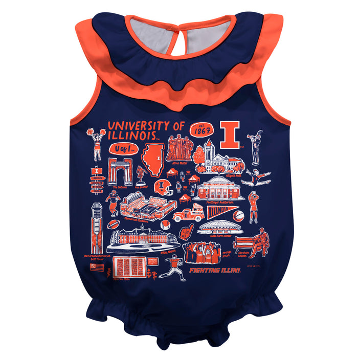 Illinois Fighting Illini  Blue Hand Sketched Vive La Fete Impressions Artwork Sleeveless Ruffle Onesie Bodysuit