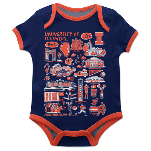 Illinois Fighting Illini Hand Sketched Vive La Fete Impressions Artwork Infant Navy Short Sleeve Onesie Bodysuit