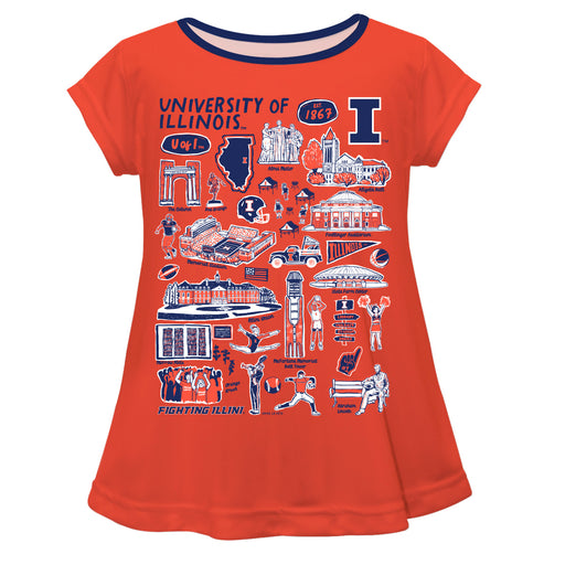 Illinois Fighting Illini Hand Sketched Vive La Fete Impressions Artwork Orange Short Sleeve Top