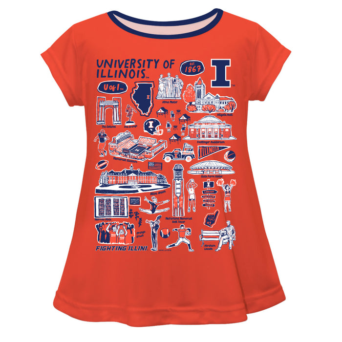Illinois Fighting Illini Hand Sketched Vive La Fete Impressions Artwork Orange Short Sleeve Top