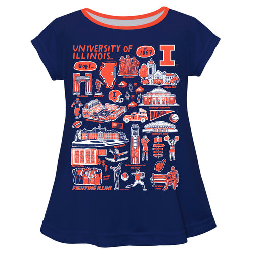 Illinois Fighting Illini Hand Sketched Vive La Fete Impressions Artwork Blue Short Sleeve Top