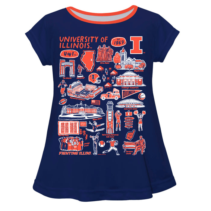 Illinois Fighting Illini Hand Sketched Vive La Fete Impressions Artwork Blue Short Sleeve Top