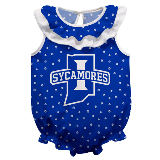 Indiana State Sycamores Swirls Blue Sleeveless Ruffle Onesie Logo Bodysuit
