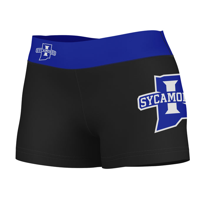 Indiana State Sycamores Vive La Fete Logo on Thigh & Waistband Black & Blue Women Yoga Booty Workout Shorts 3.75 Inseam"
