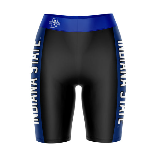 Indiana State Sycamores Vive La Fete Game Day Logo on Waistband and Blue Stripes Black Women Bike Short 9 Inseam