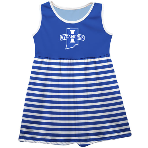 Indiana State Sycamores Vive La Fete Girls Game Day Sleeveless Tank Dress Solid Blue Logo Stripes on Skirt