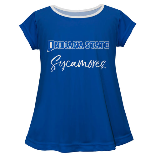 Indiana State Sycamores Vive La Fete Girls Game Day Short Sleeve Blue Top with School Logo and Name