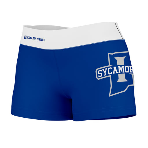 Indiana State Sycamores Vive La Fete Logo on Thigh & Waistband Blue White Women Yoga Booty Workout Shorts 3.75 Inseam