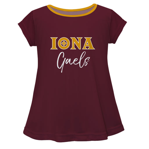 Iona College Gaels Vive La Fete Girls Game Day Short Sleeve Maroon Top with School Logo and Name