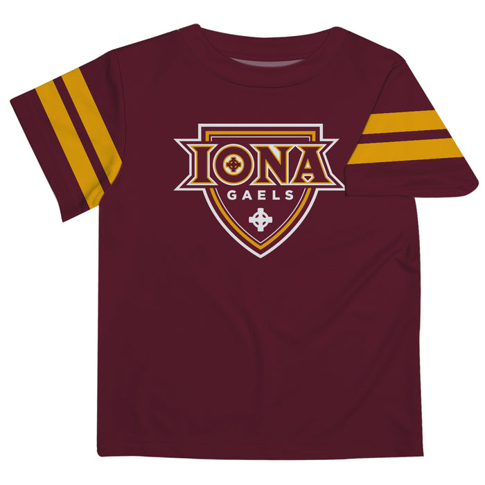 Iona Gaels Vive La Fete Boys Game Day Maroon Short Sleeve Tee with Stripes on Sleeves