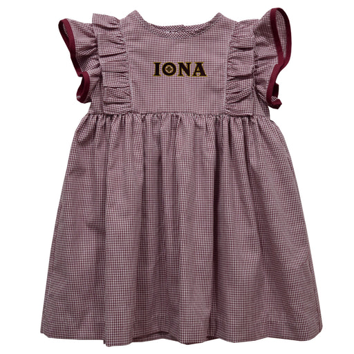 Iona College Gaels Embroidered Maroon Gingham Ruffle Dress