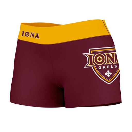 Iona Gaels Vive La Fete Logo on Thigh & Waistband Maroon Gold Women Yoga Booty Workout Shorts 3.75 Inseam