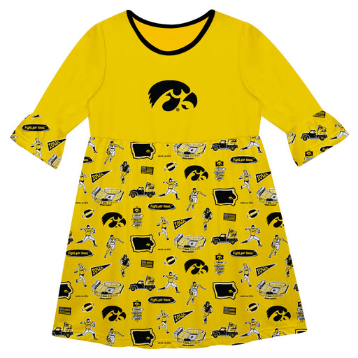 Iowa Hawkeyes 3/4 Sleeve Solid Gold Repeat Print Hand Sketched Vive La Fete Impressions Artwork on Skirt