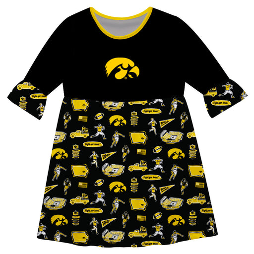 Iowa Hawkeyes 3/4 Sleeve Solid Black Repeat Print Hand Sketched Vive La Fete Impressions Artwork on Skirt