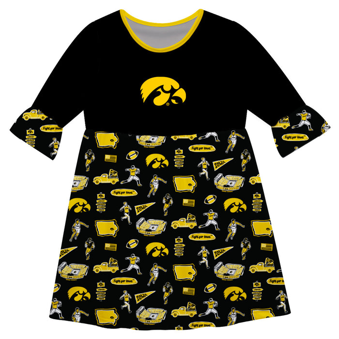 Iowa Hawkeyes 3/4 Sleeve Solid Black Repeat Print Hand Sketched Vive La Fete Impressions Artwork on Skirt