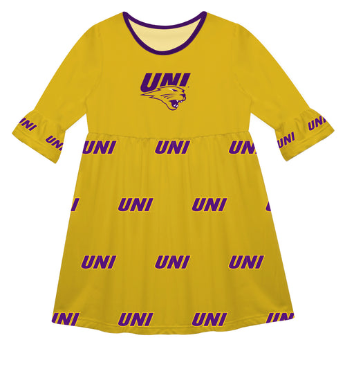 Northern Iowa Panthers Vive La Fete Girls Game Day 3/4 Sleeve Solid Gold All Over Logo on Skirt