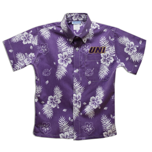 Northern Iowa Panthers Purple Hawaiian Short Sleeve Button Down Shirt