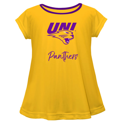 Northern Iowa Panthers Vive La Fete Girls Game Day Short Sleeve Gold Top with School Logo and Name