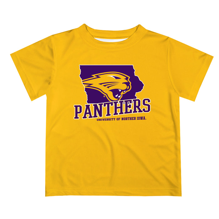 Northern Iowa Panthers Vive La Fete State Map Gold Short Sleeve Tee Shirt