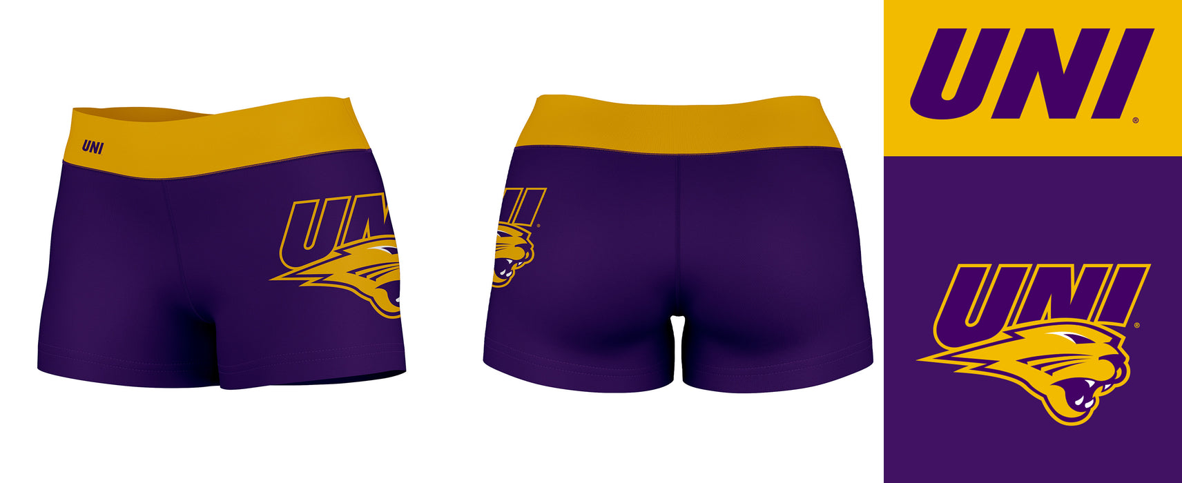 Northern Iowa Panthers Vive La Fete Logo on Thigh & Waistband Purple Gold Women Yoga Booty Workout Shorts 3.75 Inseam - Vive La Fête - Online Apparel Store