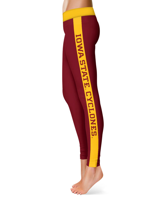 Iowa State Cyclones ISU Vive La Fete Game Day Collegiate Gold Stripes Women Maroon Yoga Leggings 2 Waist Tights"