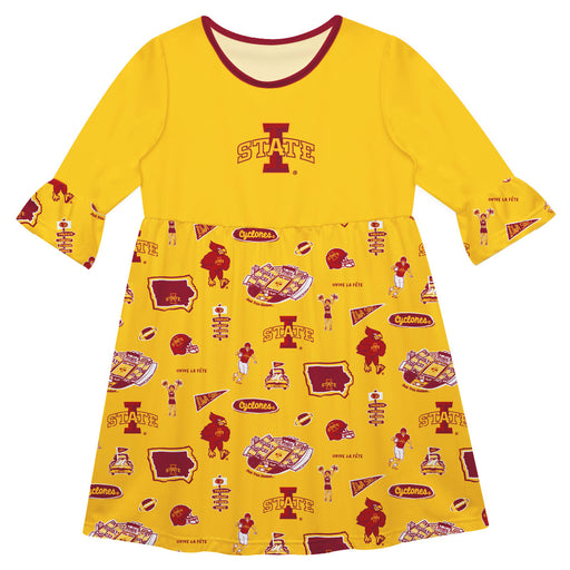 Iowa State Cyclones ISU 3/4 Sleeve Solid Gold Repeat Print Hand Sketched Vive La Fete Impressions Artwork on Skirt